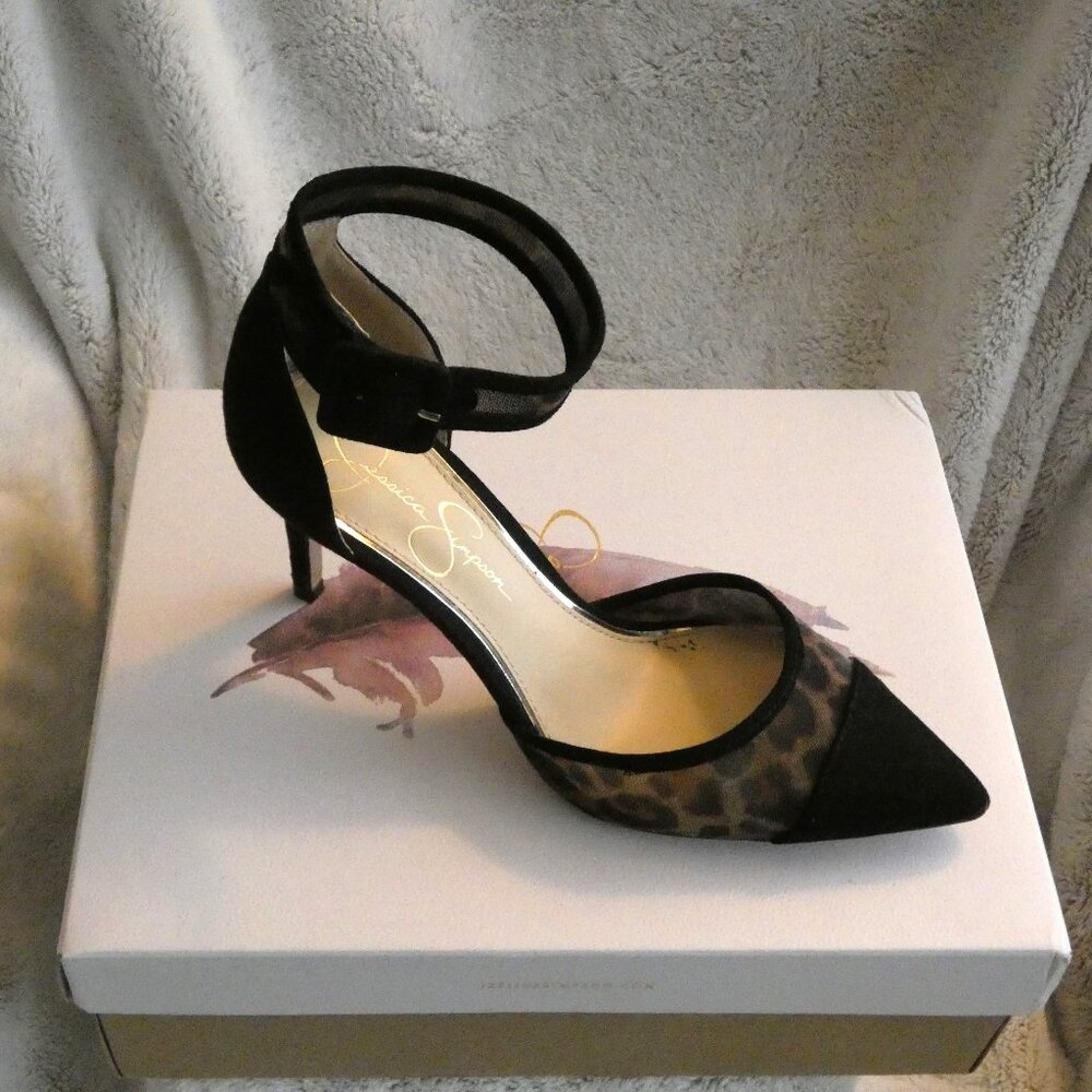 Jessica Simpson Black Leopard Mesh Pointed Toe Ankle Strap Heels